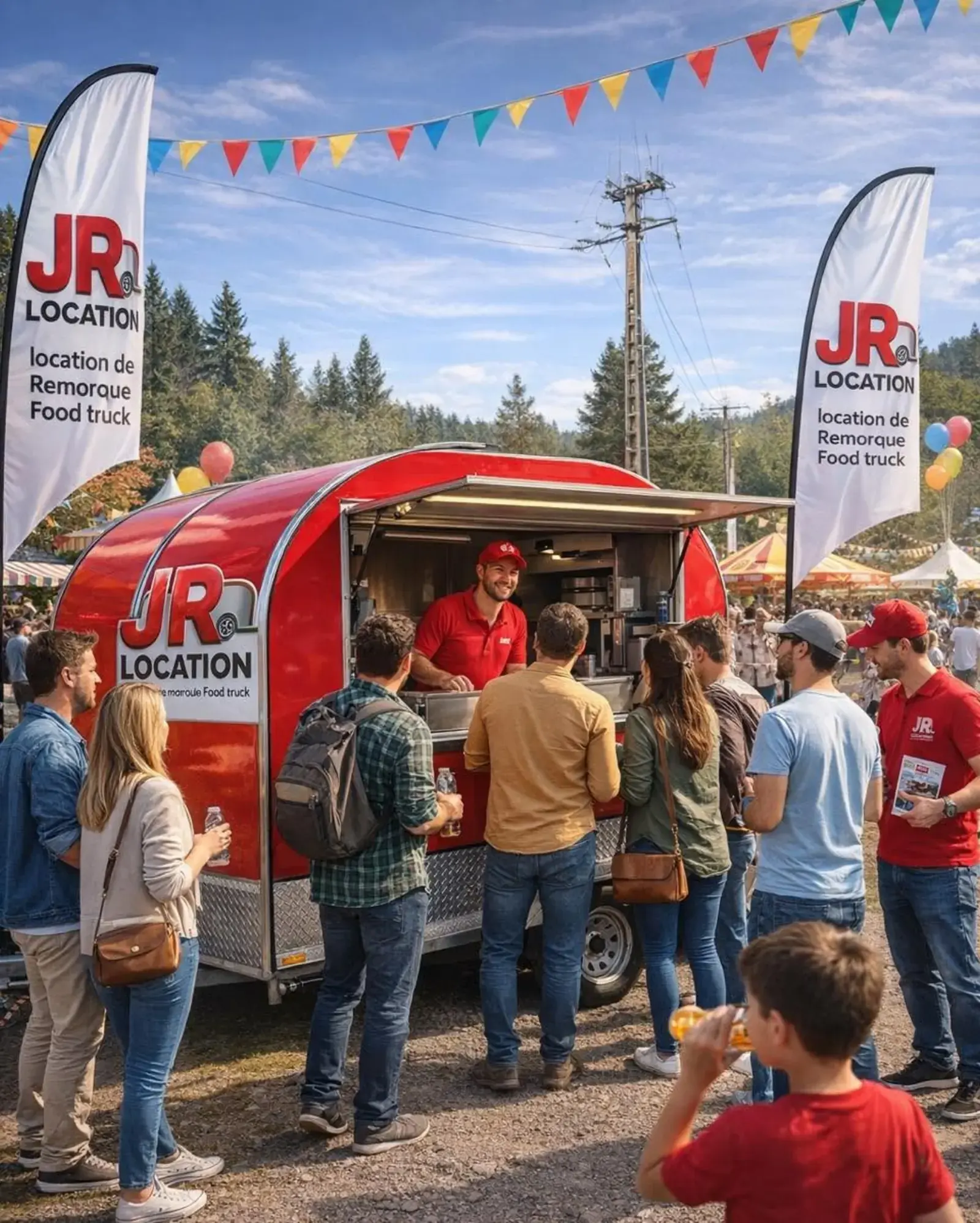 File d'attente de convives devant une remorque food truck JR Location lors d'un événement