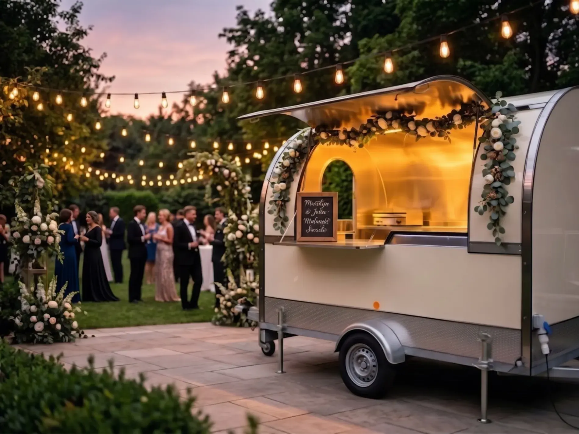 Remorque food truck beige installée lors d'un mariage en soirée